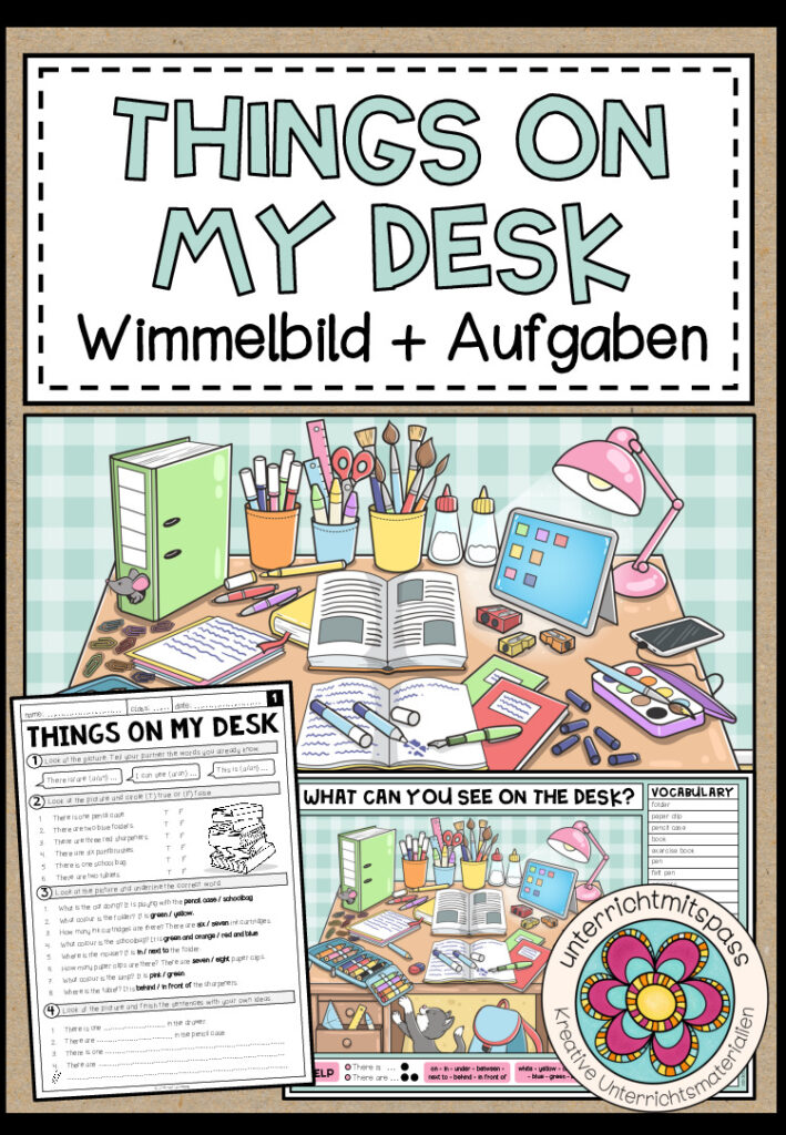 THINGS ON MY DESK (school things) – Wimmelbild + Aufgaben (Englisch 3.-5. Schulstufe)