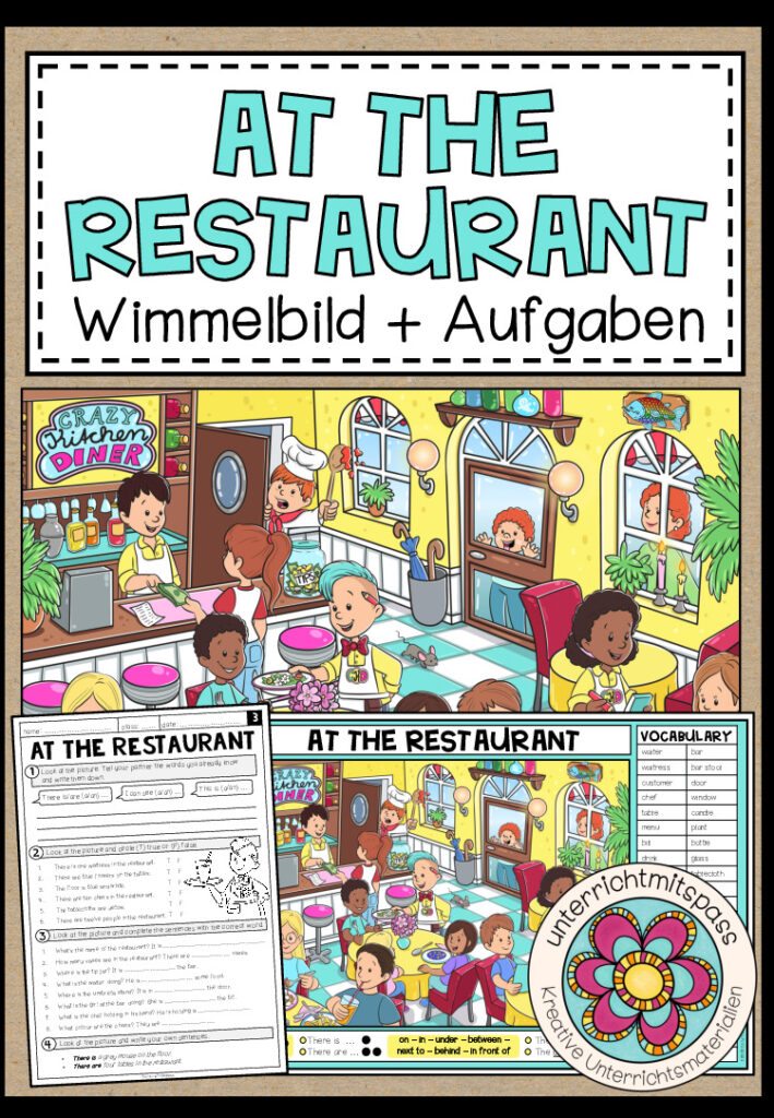 AT THE RESTAURANT – Wimmelbild + Aufgaben (Englisch 3.-5. Schulstufe)