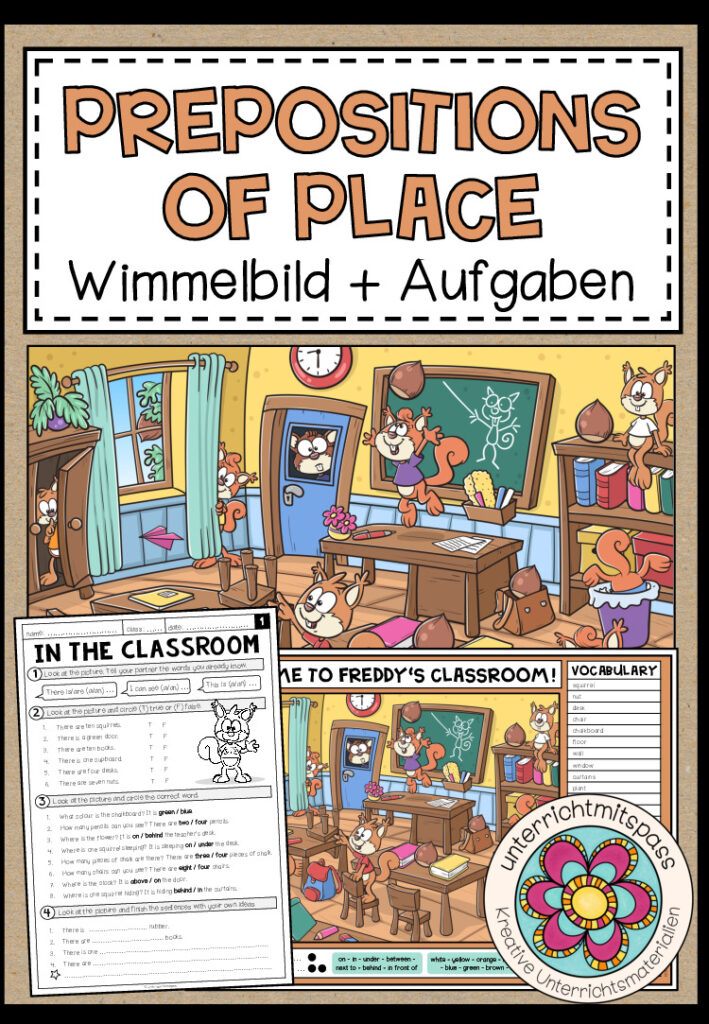 PREPOSTIONS OF PLACE – Wimmelbild + Aufgaben (3.-5. Schulstufe)