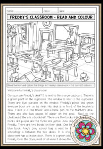 PREPOSITIONS OF PLACE – Read and Colour (Welcome to Freddy’s classroom)