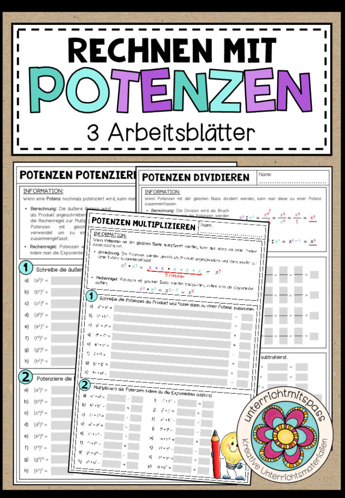 RECHNEN MIT POTENZEN – 3 Arbeitsblätter