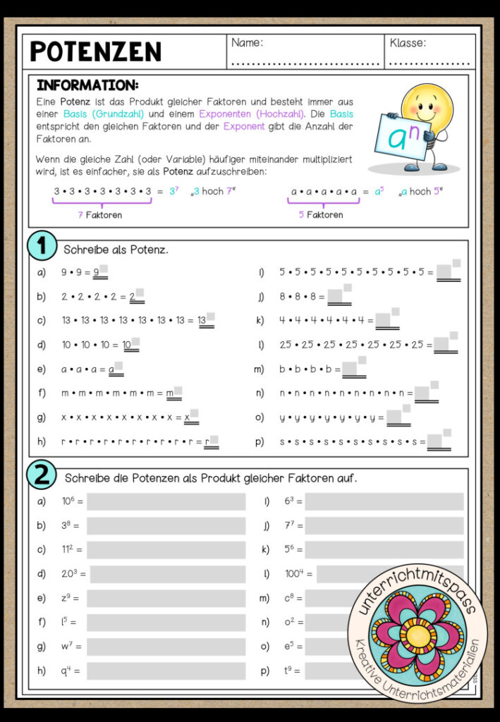 POTENZEN – Arbeitsblatt