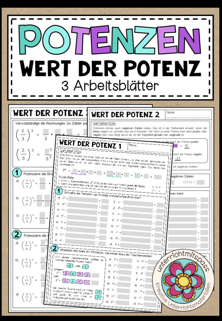 POTENZEN (Wert der Potenz) – 3 Arbeitsblätter