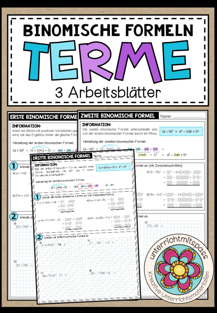BINOMISCHE FORMELN (Terme mit Potenzen) – 3 Arbeitsblätter