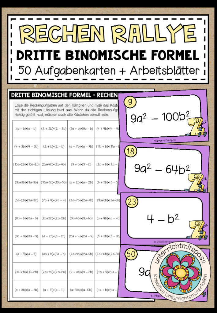 RECHEN RALLYE (dritte binomische Formel) – 50 Kärtchen + Arbeitsblätter