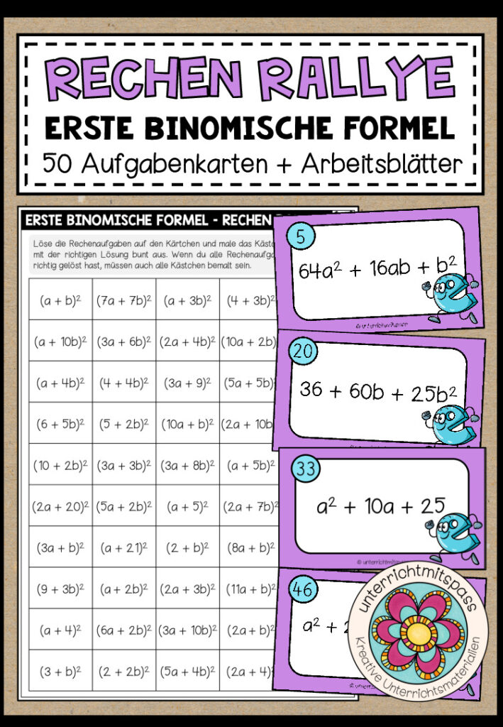 RECHEN RALLYE (erste binomische Formel) – 50 Kärtchen + Arbeitsblätter