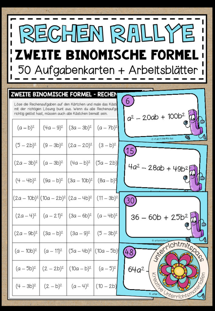 RECHEN RALLYE (zweite binomische Formel) – 50 Kärtchen + Arbeitsblätter