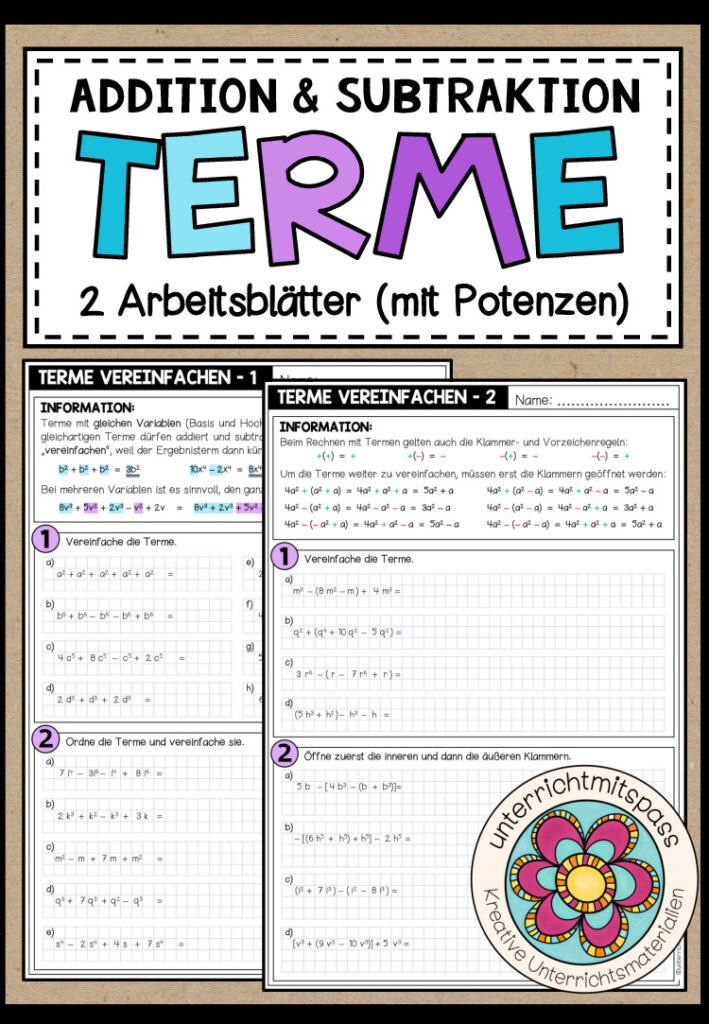 TERME (mit Potenzen) – Addition & Subtraktion (2 Arbeitsblätter)