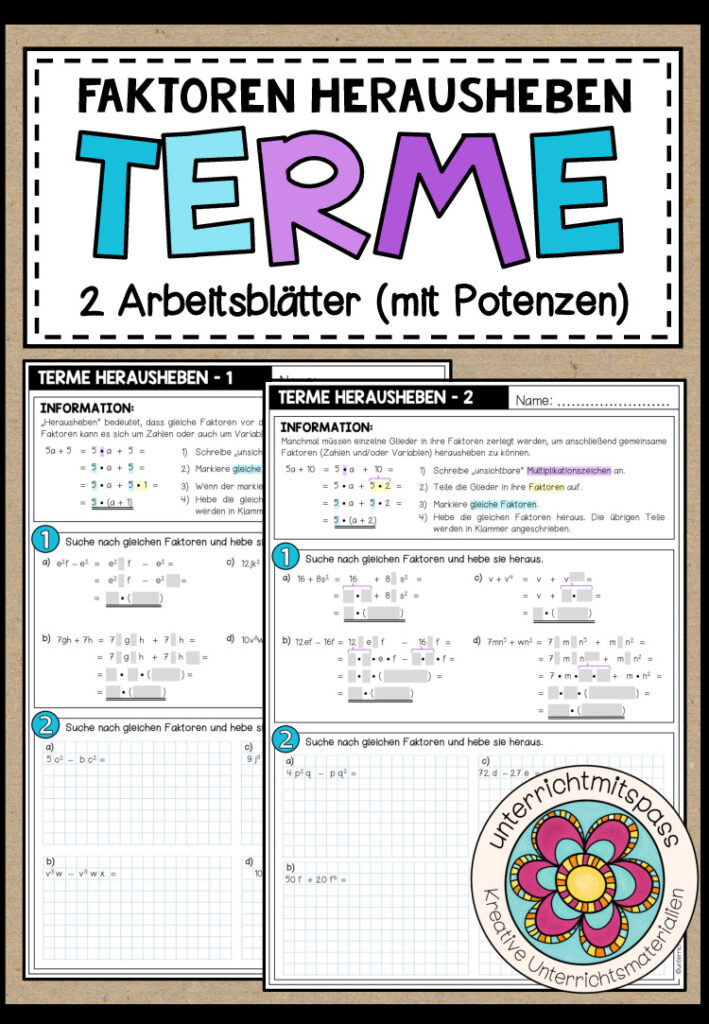 TERME (mit Potenzen) – Faktoren herausheben (2 Arbeitsblätter)