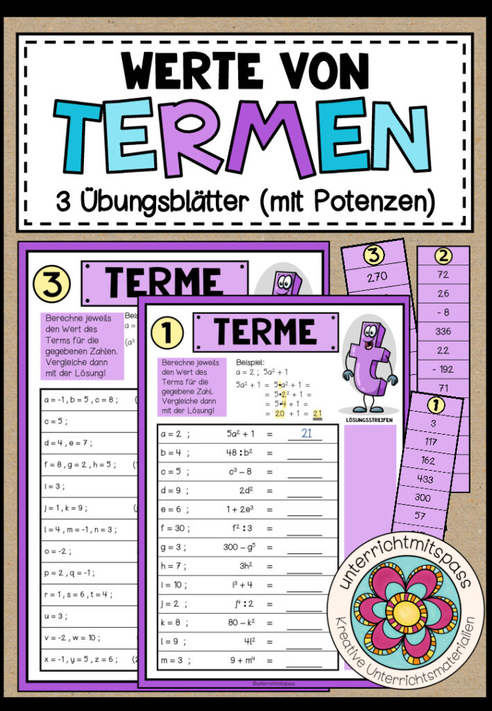 TERME (mit Potenzen) – Werte von Termen (3 Übungsblätter)