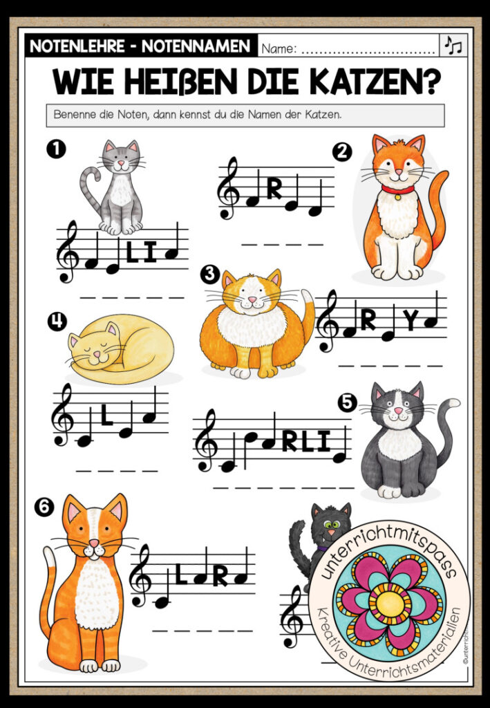 MUSIKALISCHE KATZENNAMEN (Notennamen) – Arbeitsblatt