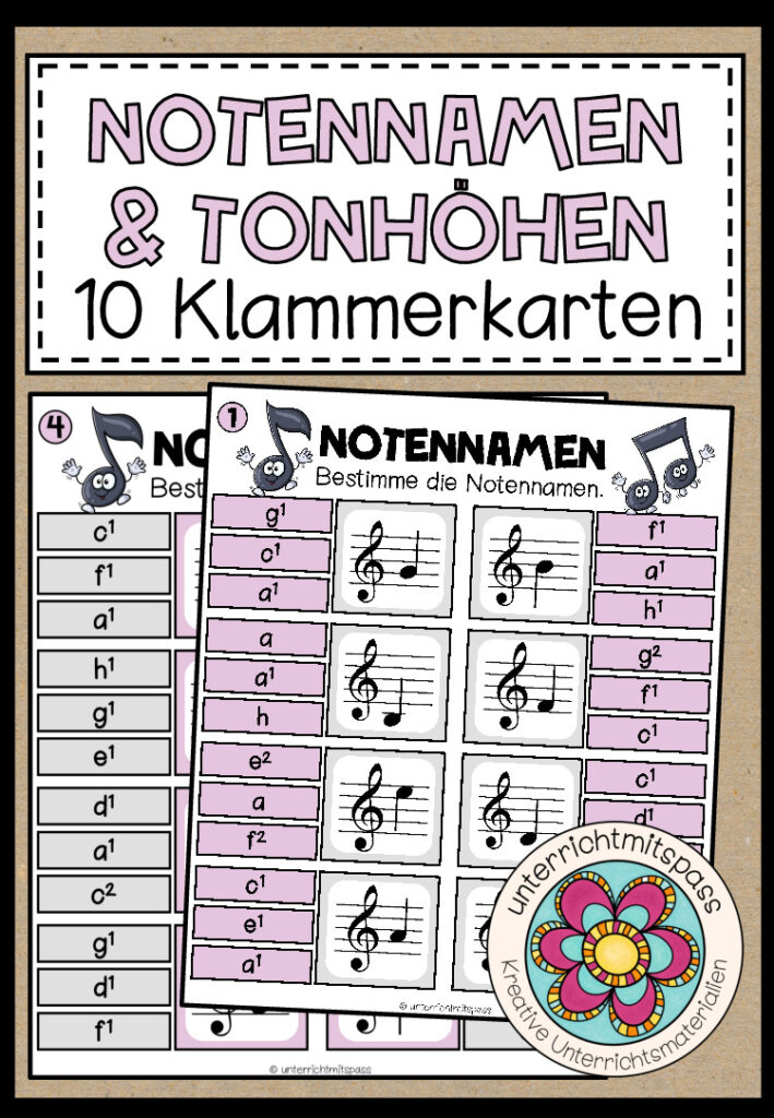 NOTENNAMEN & TONHÖHEN (Notenlehre) – 10 Klammerkarten
