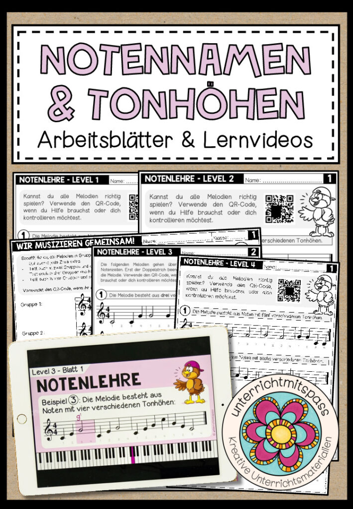 NOTENNAMEN & TONHÖHEN (Notenlehre) – Arbeitsblätter + Videos