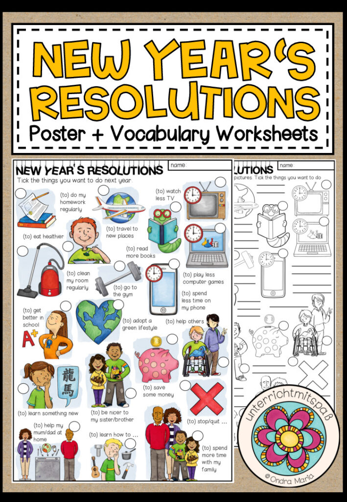 New Year’s Resolutions – Poster + Vocabulary Worksheets (differenziert)