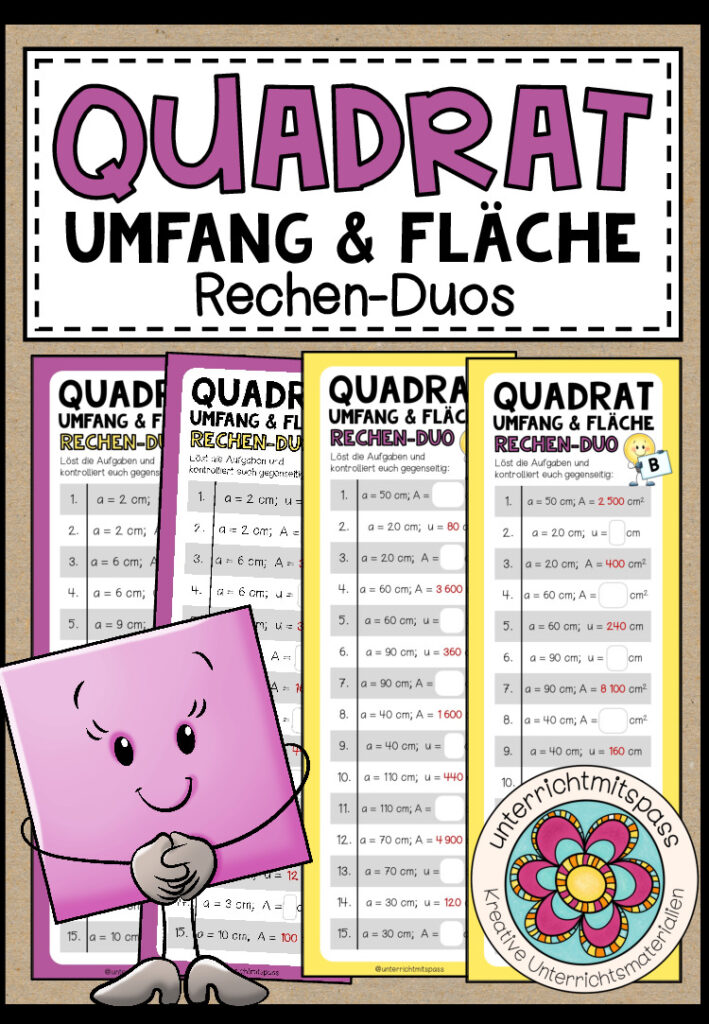 QUADRAT (Umfang, Fläche) – 2 Rechen-Duos