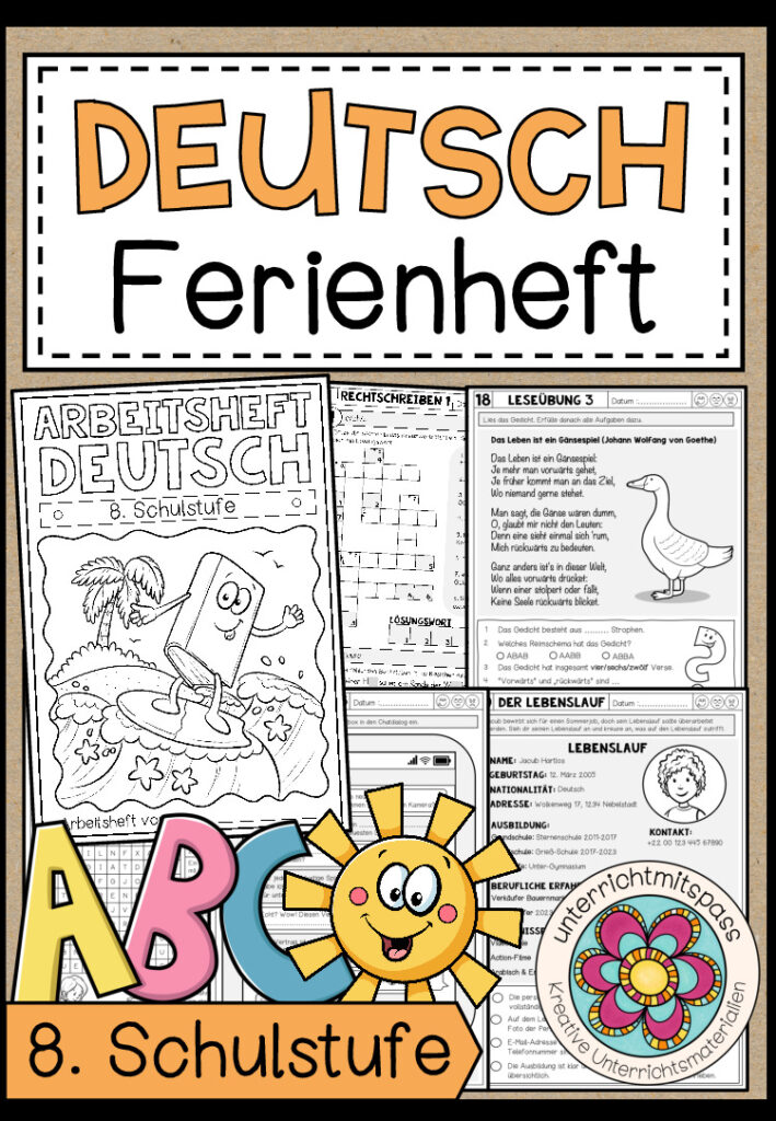 DEUTSCH – FERIENHEFT / WIEDERHOLUNGSHEFT – 8. Schulstufe (Lösungen inkludiert)