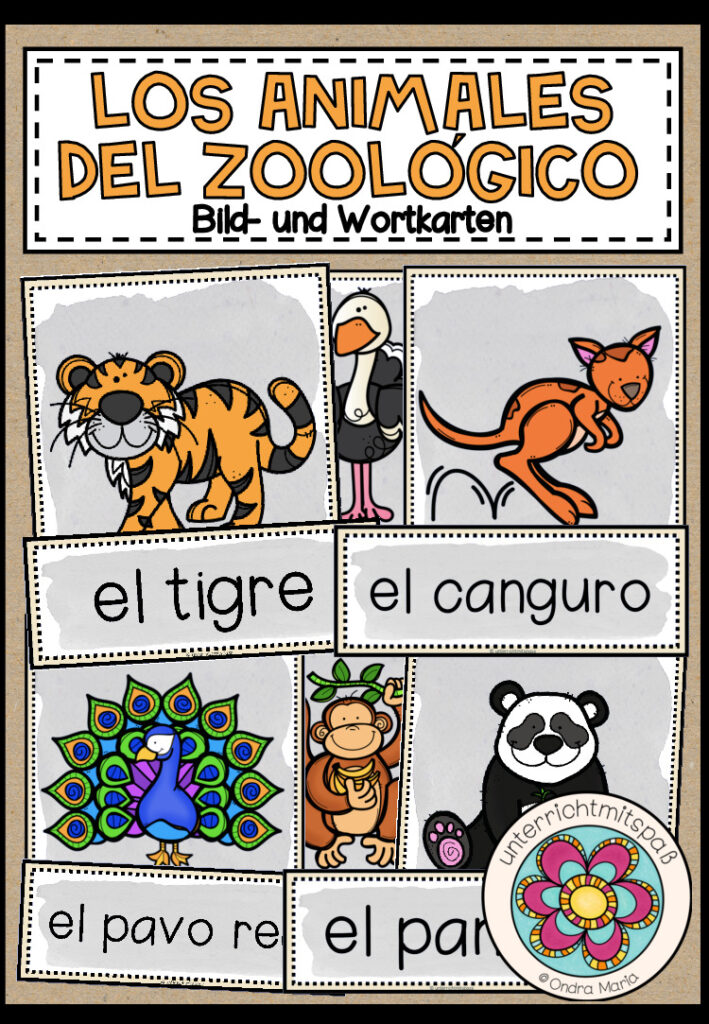 LOS ANIMALES DEL ZOOLÓGICO (Zootiere) – Bild- und Wortkarten (Spanisch)