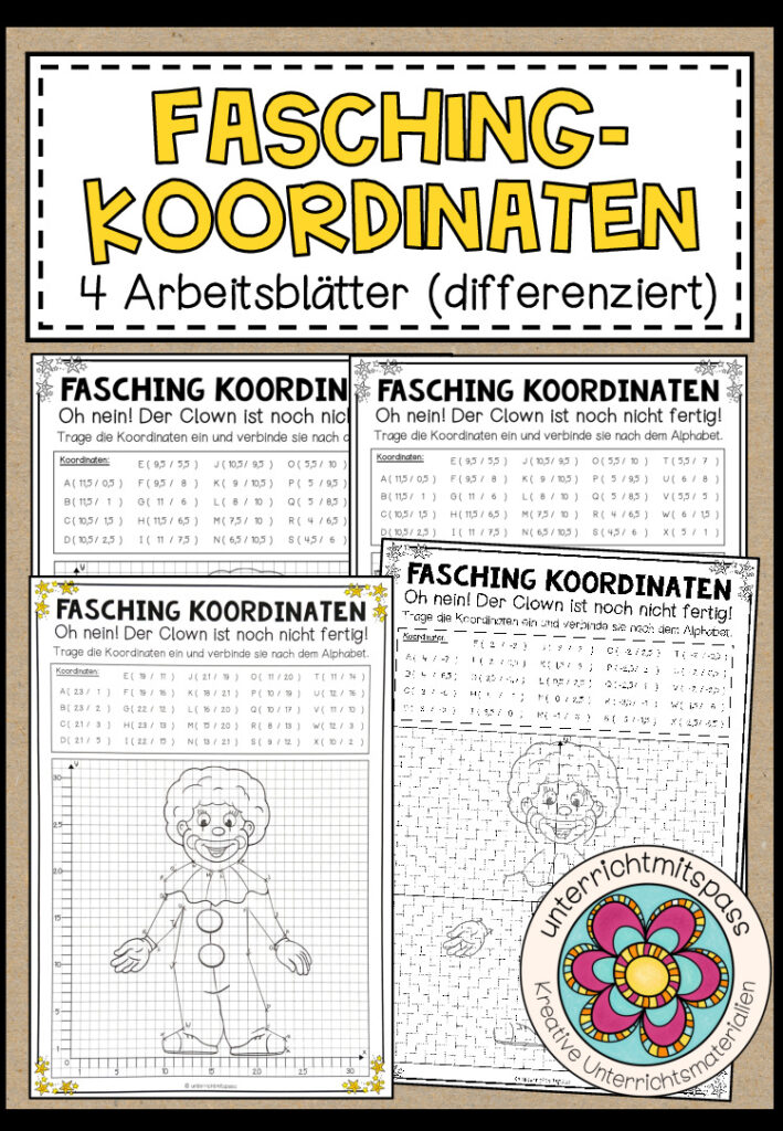 FASCHING-KOORDINATEN – 4 Arbeitsblätter (differenziert)