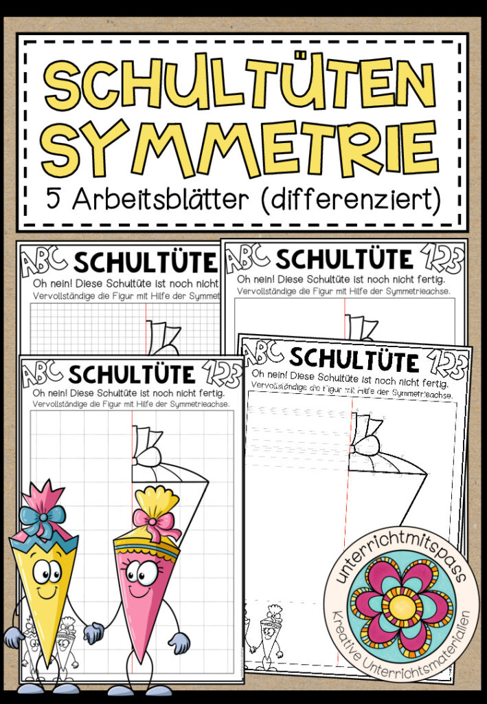 SCHULTÜTEN – SYMMETRIE (passend für den Schulstart) – 5 Arbeitsblätter (differenziert)