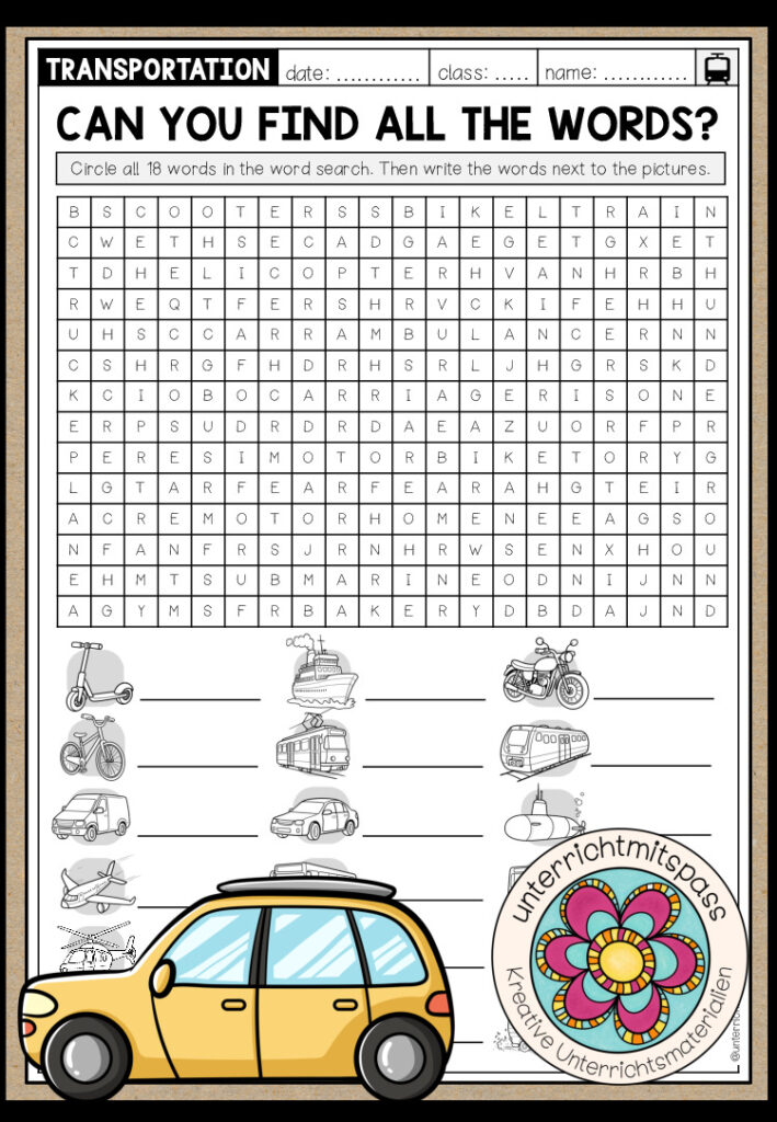 MEANS OF TRANSPORT – Word Search