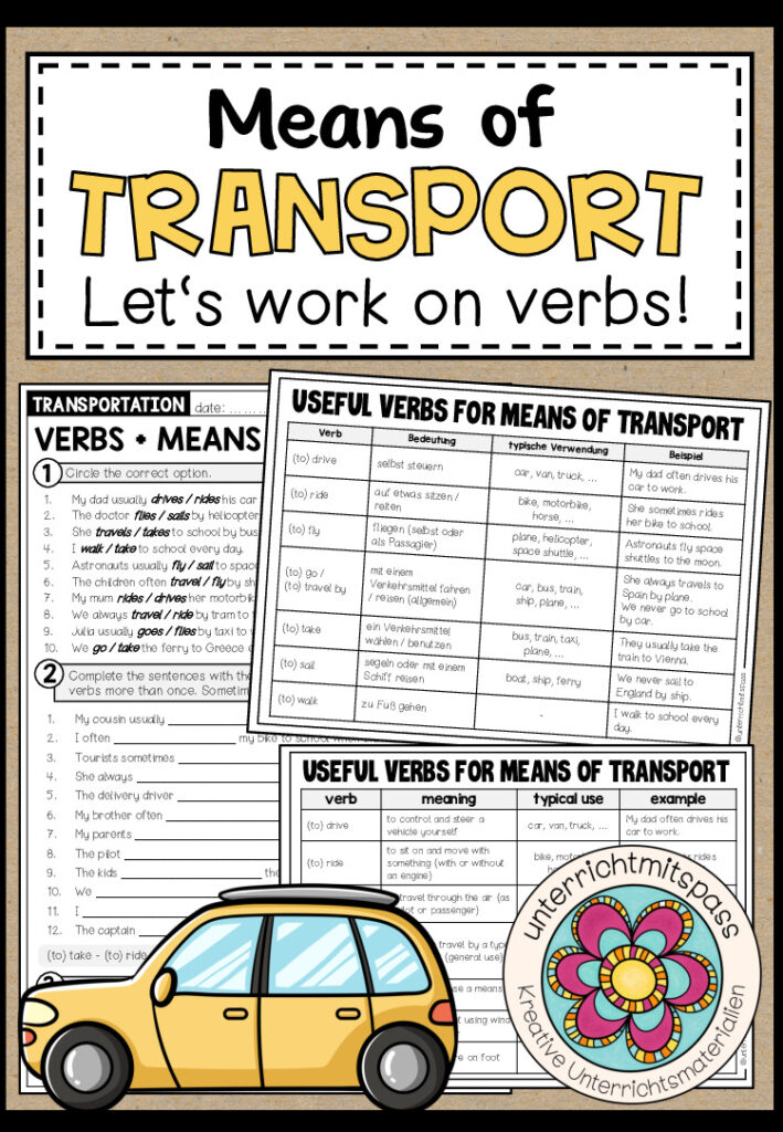 MEANS OF TRANSPORT + VERBS (Merkblatt + Arbeitsblatt)