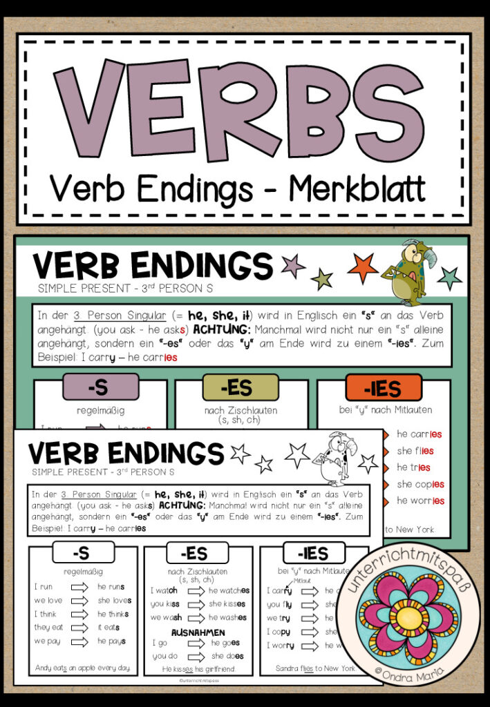 VERBS – Verb Endings Merkblatt (3rd person S – Present Simple)