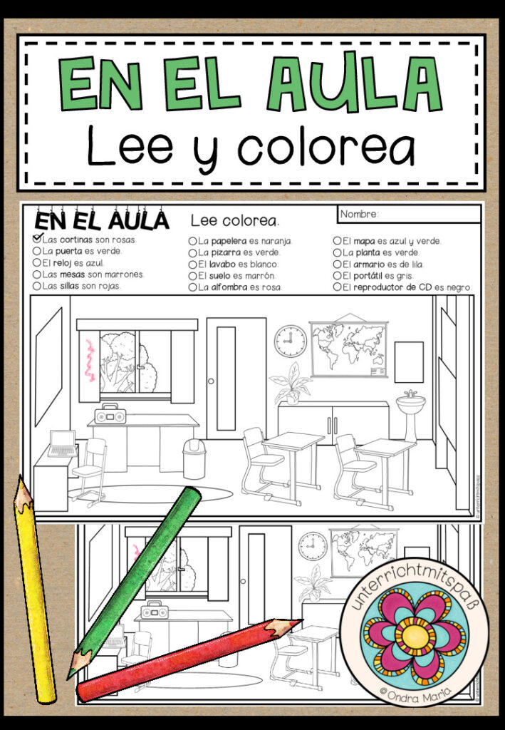 EN EL AULA (Klassenzimmer) – Lee y colorea (Lesen und Malen)