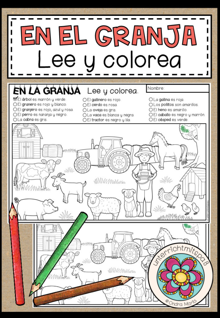 EN EL GRANJA (Bauernhof) – Lee y colorea (Lesen und Malen)