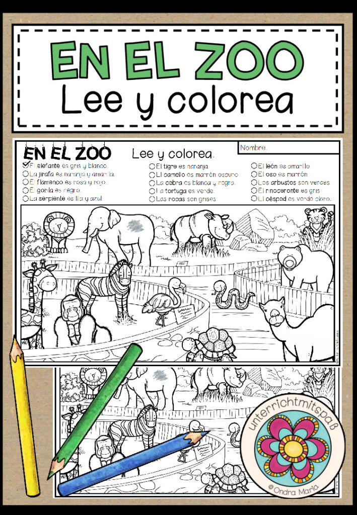 EN EL ZOO (Zoo) – Lee y colorea (Lesen und Malen)