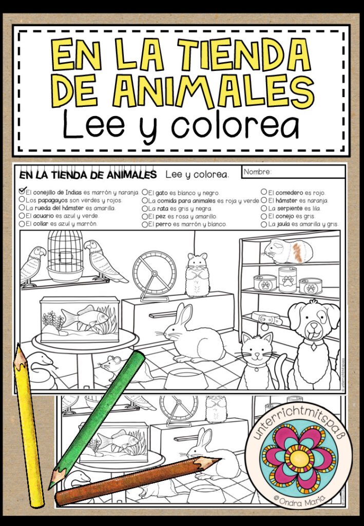 EN LA TIENDA DE ANIMALES (Zoohandlung) – Lee y colorea (Lesen und Malen)