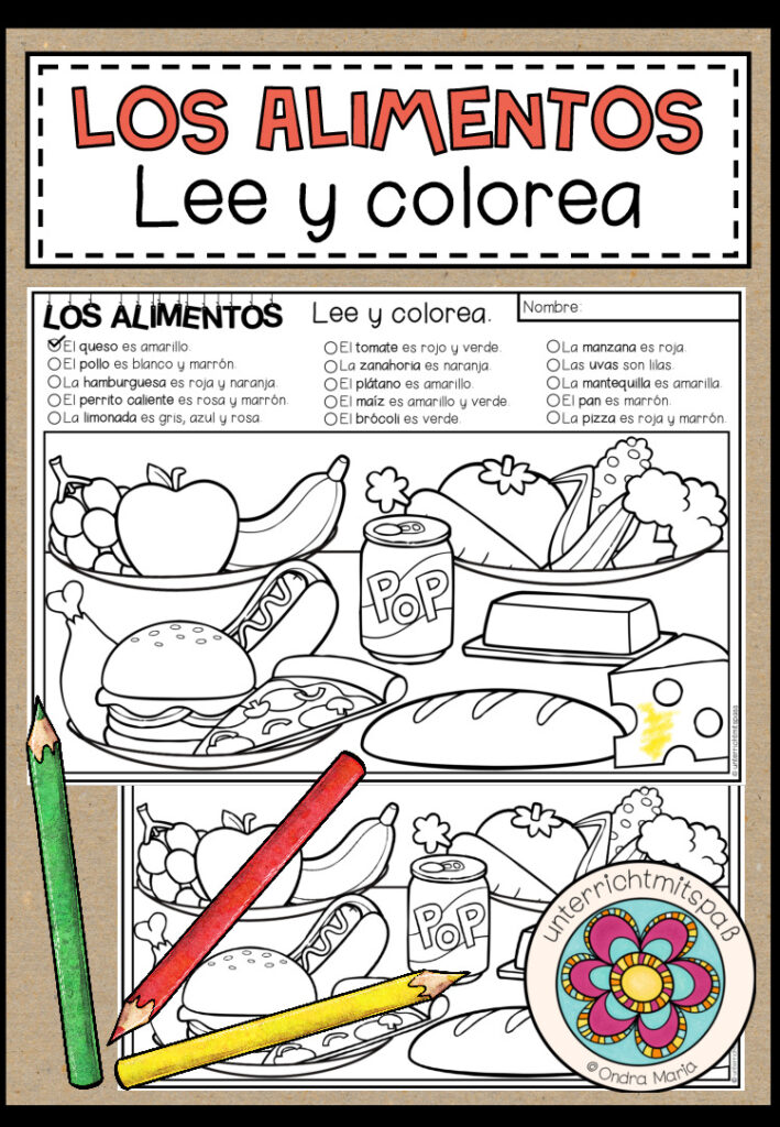 LOS ALIMENTOS (Lebensmittel) – Lee y colorea (Lesen und Malen)