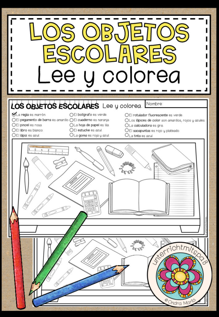 LOS OBJETOS ESCOLARES (Schulsachen) – Lee y colorea (Lesen und Malen)
