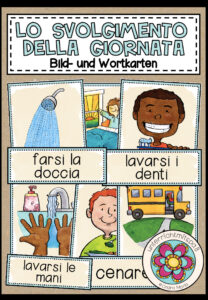 LO SVOLGIMENTO DELLA GIORNATA (Tagesablauf) – Bild- und Wortkarten (Italienisch)