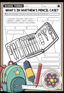 SCHOOL THINGS – What’s in Matthew’s pencil case? (2-fach differenziertes Worksheet)