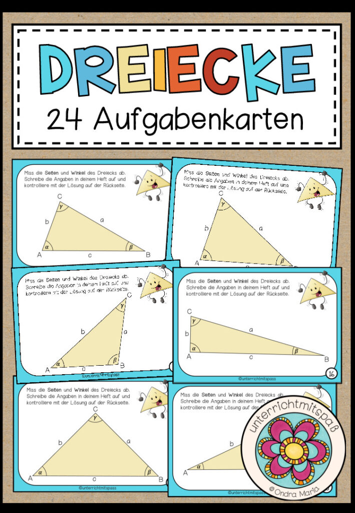 DREIECKE – Winkel und Seiten abmessen (24 Aufgabenkärtchen)