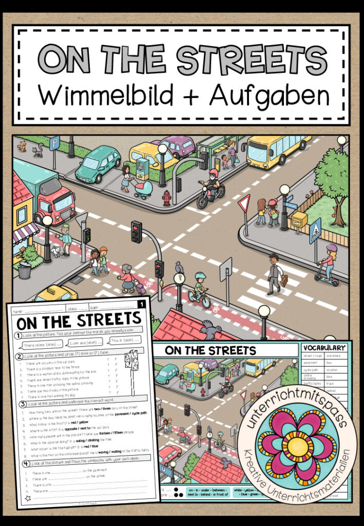 On the streets – Wimmelbild + Aufgaben (Englisch 3.-5. Schulstufe)