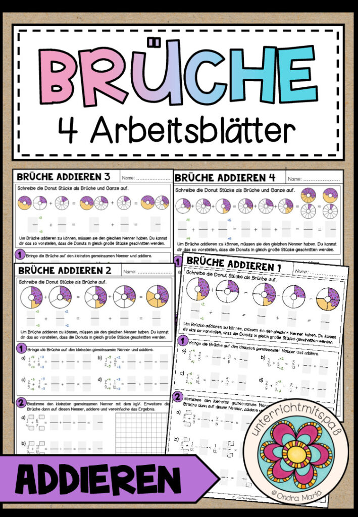 BRÜCHE – ungleichnamige Brüche addieren (4 Arbeitsblätter)