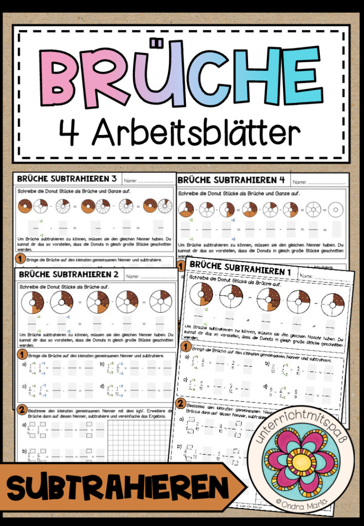 BRÜCHE – ungleichnamige Brüche subtrahieren (4 Arbeitsblätter)