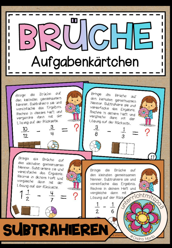 BRÜCHE – ungleichnamige Brüche subtrahieren (Aufgabenkärtchen)
