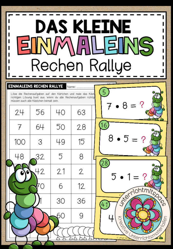 RECHEN RALLYE (Einmaleins) – 42 Kärtchen + Arbeitsblätter