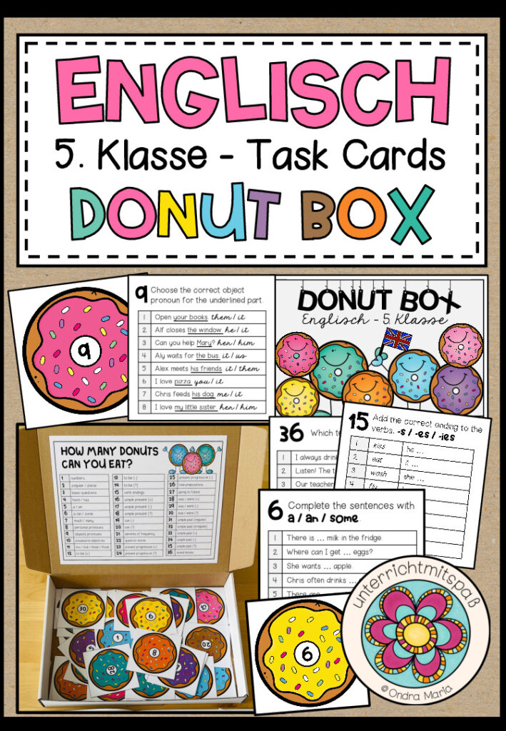 ENGLISCH – DONUT BOX (5. Schulstufe) 36 Grammar Aufgabenkarten zum Jahresstoff