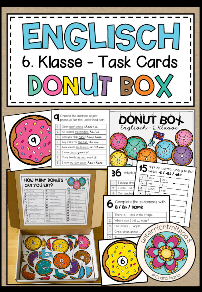 ENGLISCH – DONUT BOX (6. Schulstufe) 36 Grammar Aufgabenkarten zum Jahresstoff