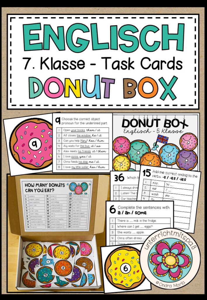 ENGLISCH – DONUT BOX (7. Schulstufe) 36 Grammar Aufgabenkarten zum Jahresstoff