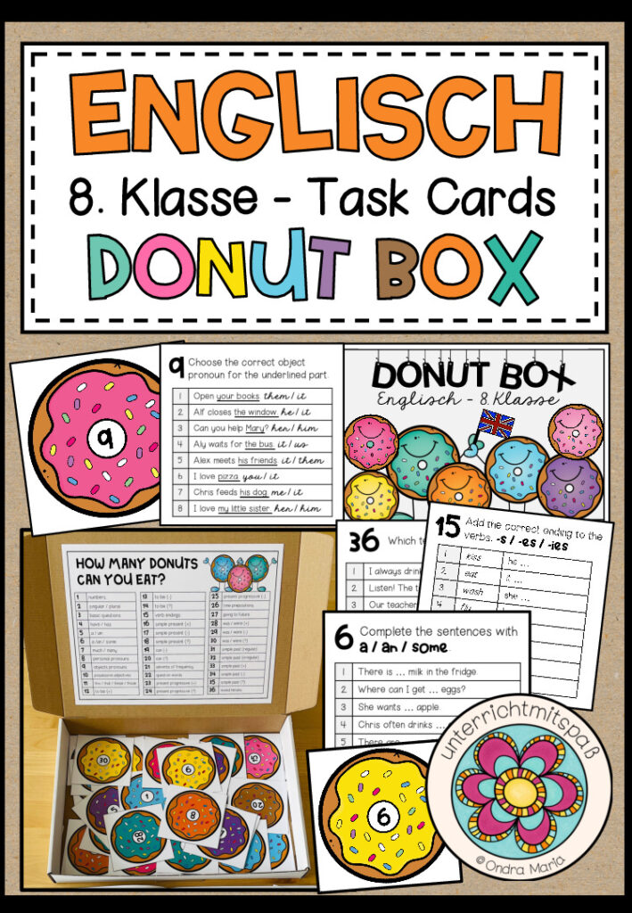 ENGLISCH – DONUT BOX (8. Schulstufe) 36 Grammar Aufgabenkarten zum Jahresstoff