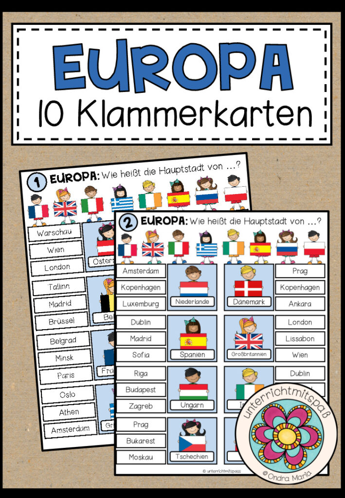 EUROPA : Länder + Hauptstädte – 10 Klammerkarten