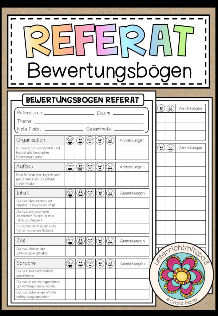 DAS REFERAT – Bewertungsbogen + Feedbackbogen für Schüler*innen (Vortrag/Präsentation)