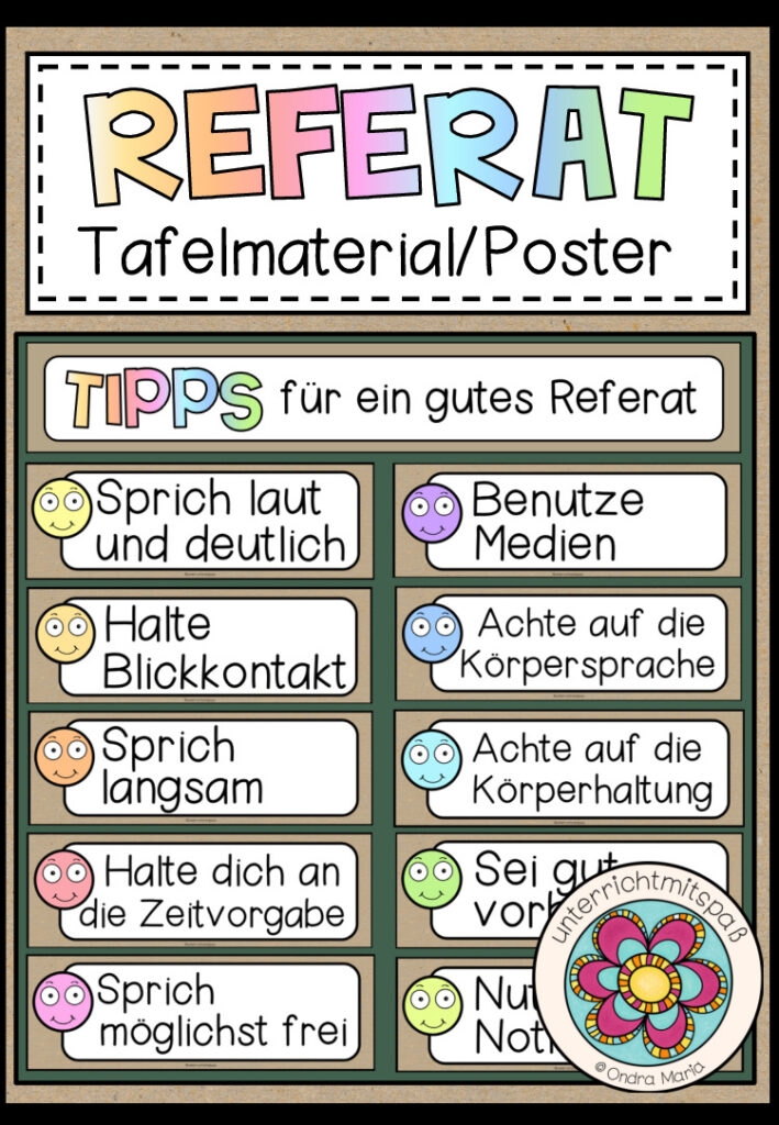 DAS REFERAT – Tipps für eine gute Präsentation – TAFELMATERIAL/POSTER (Referat/Vortrag)