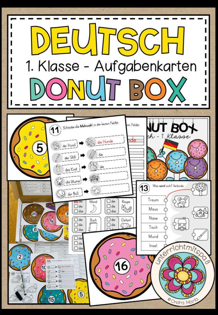 DEUTSCH – DONUT BOX (1. Schulstufe) 20 Aufgabenkarten zum Jahresstoff