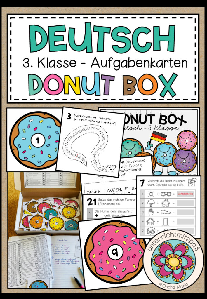 DEUTSCH – DONUT BOX (3. Schulstufe) 36 Aufgabenkarten zum Jahresstoff