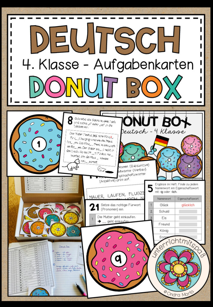 DEUTSCH – DONUT BOX (4. Schulstufe) 36 Aufgabenkärtchen zum Jahresstoff